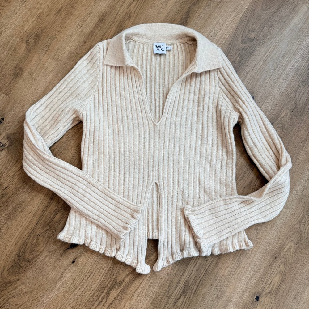 PRINCESS POLLY Ribbed Knit V-Neck Collared Sweater Cream Beige Lettuce Hem Sz 10